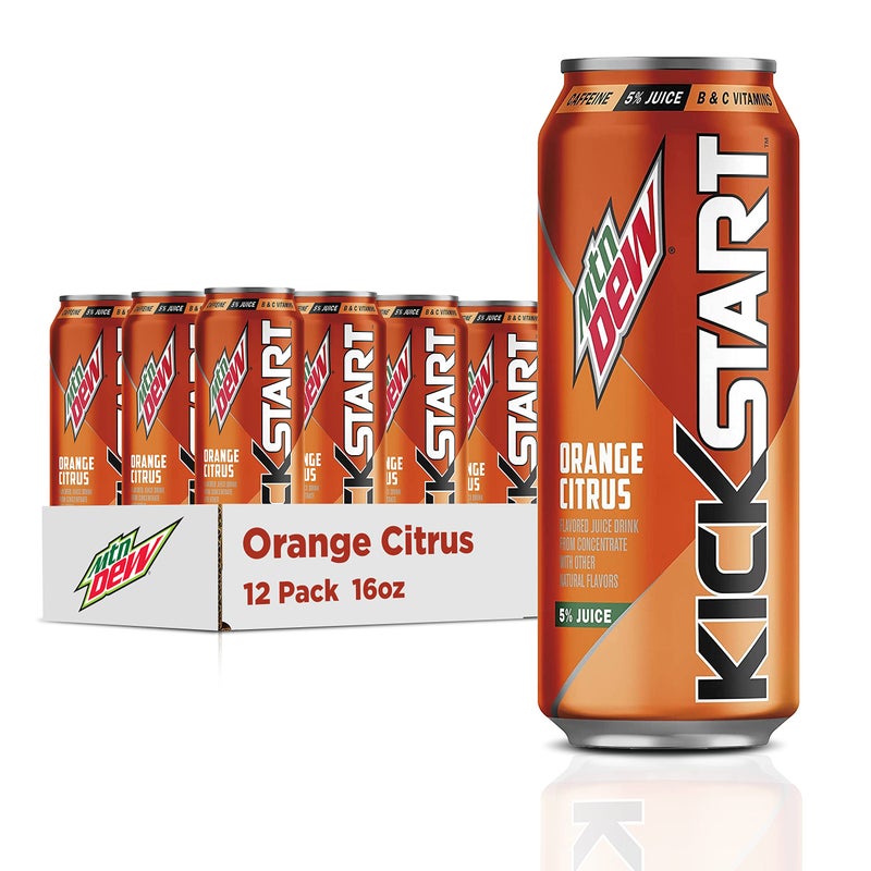 Mountain Dew Kickstart, Orange Citrus, 92mg Caffeine, Vitamins B & C, 80 Calories, 5% Juice, 16 Fl Oz (Pack of 12) - Image 1